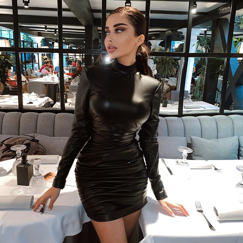 Slim Wrinkled Leather Long Sleeve Dress for Ladies