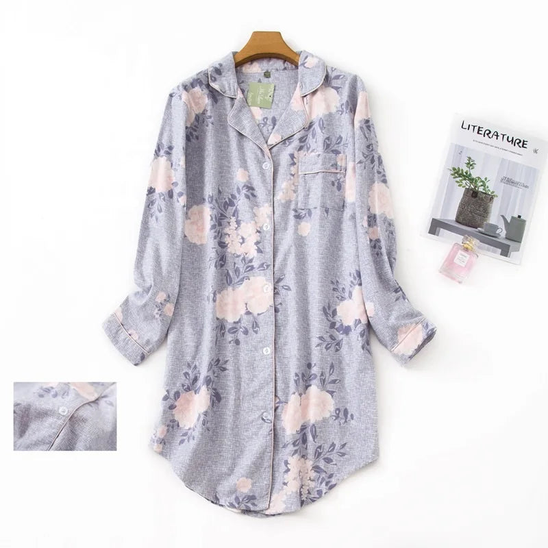 Nightgown 100% Brushed Cotton Nightshirts Women's Sleepwear Long Sleeve Plaid Winter Oversize Sleep Dress Women Home Clothes