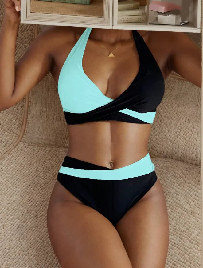 New Sexy Backless Bikini Cross Strap Color Collision Swimwear Women Split Bikini Set Two Pieces Bathing Suit Beachwear Swimsuit