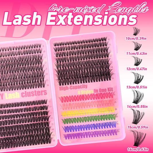 600pcs Colorful Lashes Cluster Eyelash Book Clusters Extensions, 9-16mm mix Individual Lash DIY at Home Makeup Tool