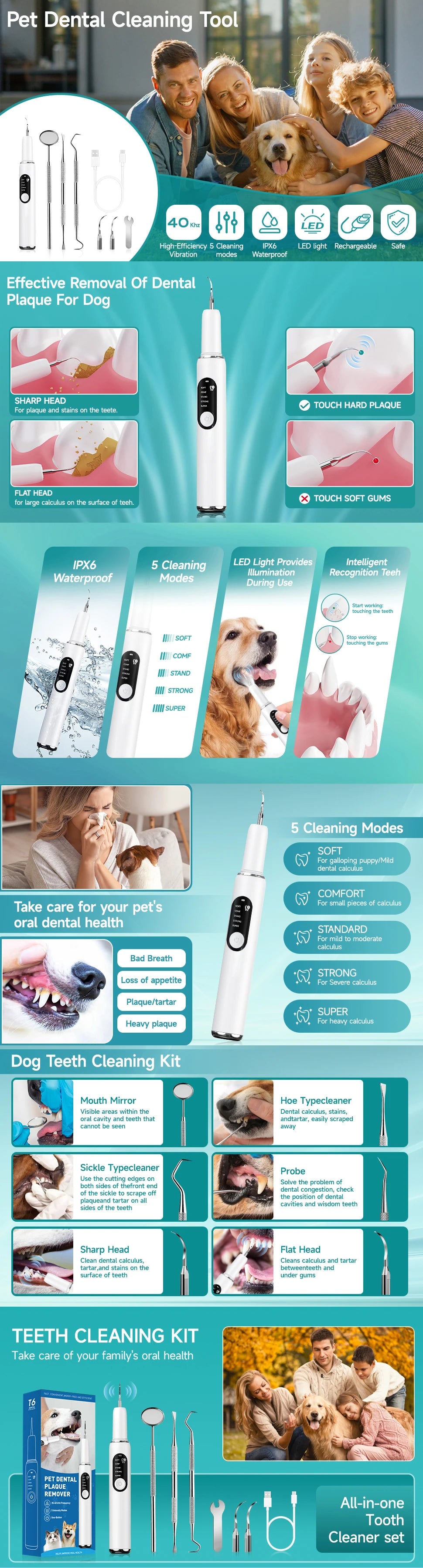 CURVY MOON Pet Use Ultrasonic Tooth Cleaner Dog Cat Dental Scaler for Tartar Removal Teeth Cleaning Tool with Sonic Technolog