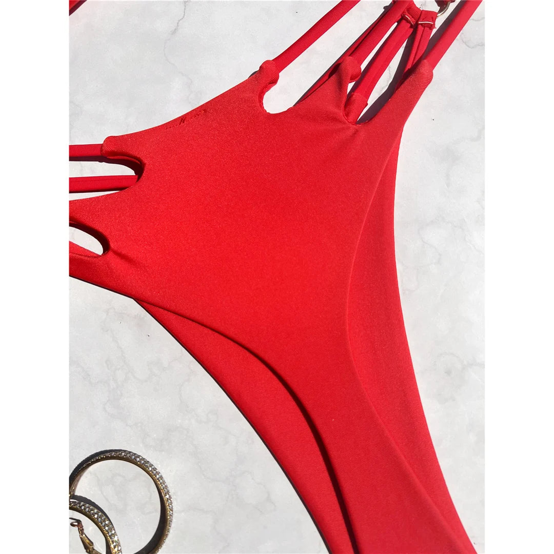 Bandeau Metal Rings Bikini Women Swimwear Female Swimsuit Two-pieces Bikini set Wrinkled High Cut Bather Bathing Suit Swim V5952