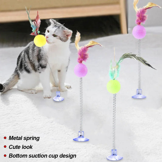 1pc Feather Spring Cat Interactive Toy Suction Cup Cat Fur Ball Teaser Wand Toys Cat Scratcher Toys Pet Supplies Random Color