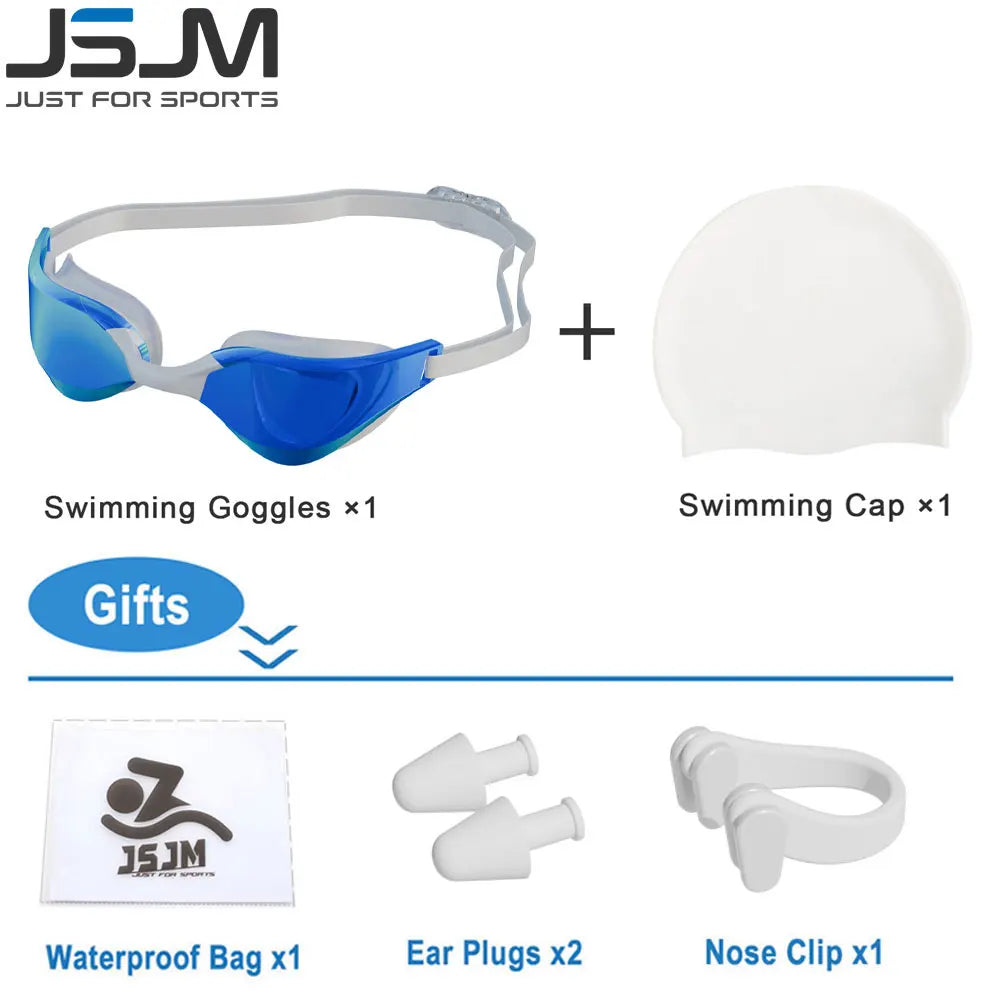 JSJM New Professional Swimming Goggles for Adults HD Anti-Fog Waterproof Silicone Swim Cap + Swim Glasses for Men & Women Gifts