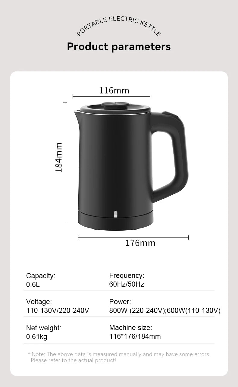 110V 220V Electric Kettle 0.6L Seamless 304 Stainless steel liner Fast heating Mini Teapot Water heater Coffee maker for Travel