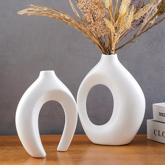 Hollow Nordic Modern Vase Set of 2 for Modern Home Decor,Plastic imitation ceramic Hollow Flower Vases for Living Room