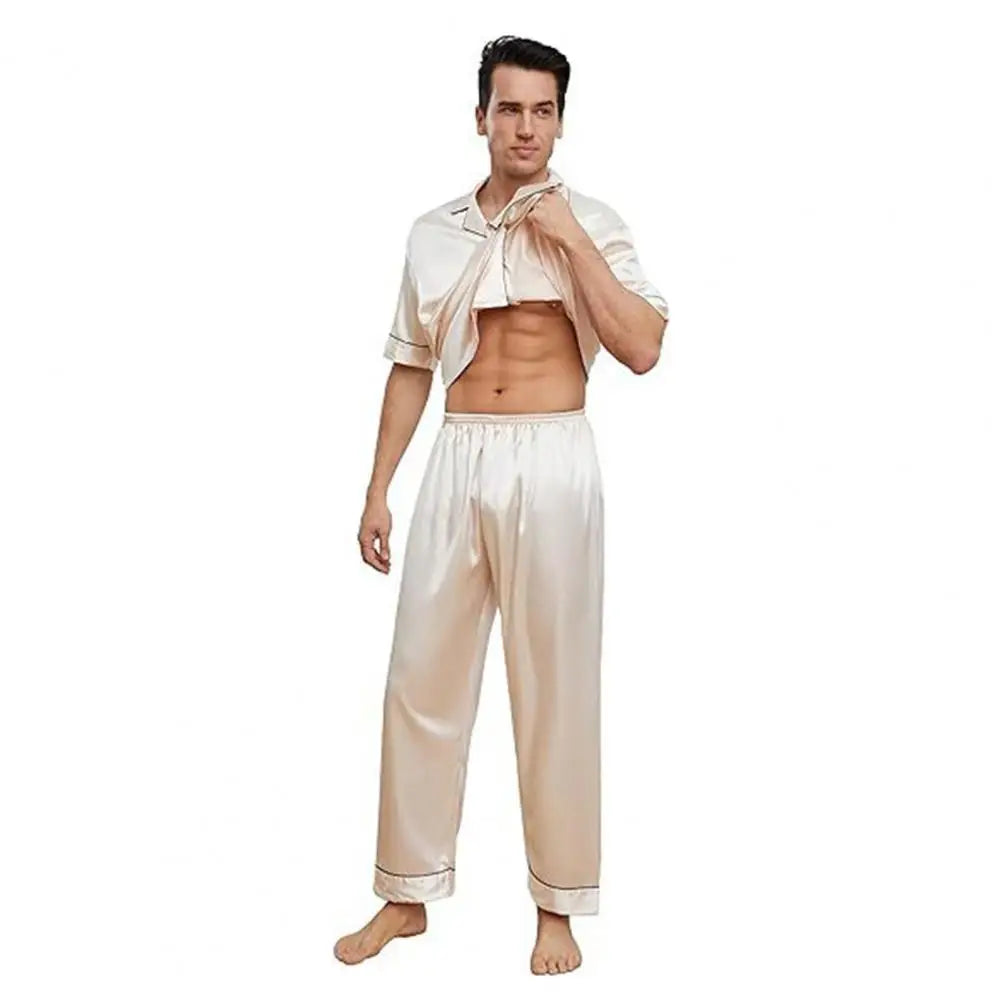 2Pcs/Set Silk Satin Men Pajama Set Notch Collar Button Down Pajama Top with Chest Pocket Elastic Waist Bottoms Set Sleepwear