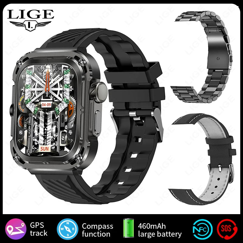 LIGE New 2.1" Ultra HD NFC Bluetooth Call Smart Watch Men Compass GPS Track 460mAH Battery Waterproof Watches For Android IOS