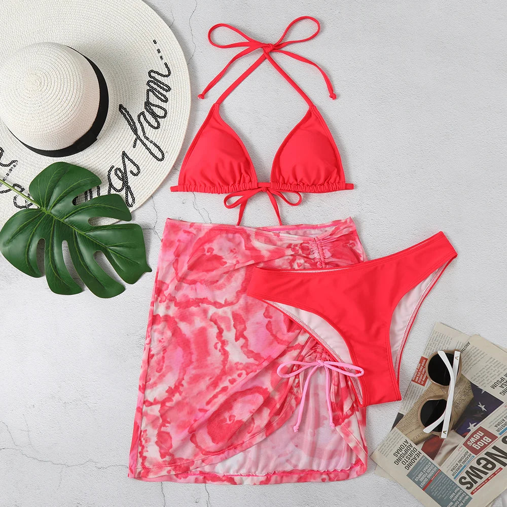 3 Pieces Bikini Set With Skirt Tie Dye String Thong Bathing Suit Women Swimsuit Female Swimwear Beach Wear Swim Lady Summer