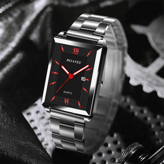 Fashion Mens Business Watches for Men Rectangle Stainless Steel Quartz Wrist Watch Man Casual Leather Watch relogio masculino
