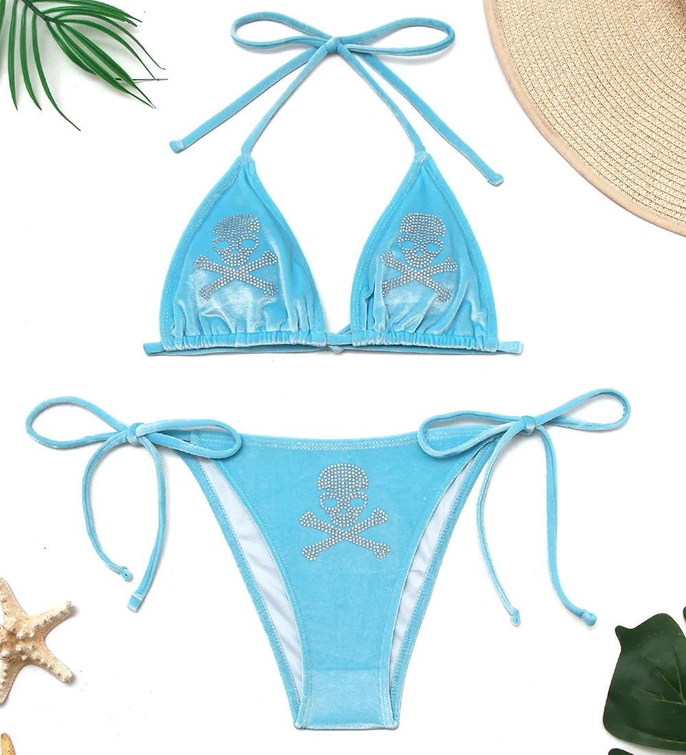 Sexy Gothic Bikini 2025 Rhinestone Skull Swimsuit Women Lace Up Bathing Suit Low Waist Bikinis Sets Beach Swimwear