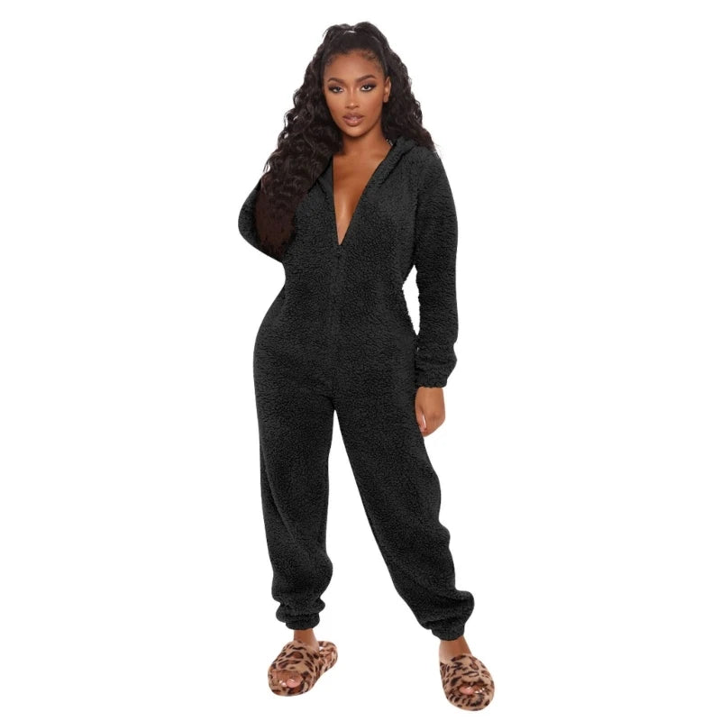 Womens Winter Warm Onesie Pajamas Fuzzy Fleece Zipper Up Bear Ear Hooded Romper Jumpsuits Sleepwear Loungewear