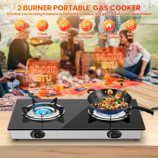 28,000 BTU 2-portable Gas stove, tempered glass cooking plate, pizo ignition, high power indoor and camping