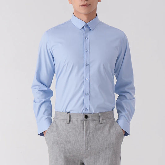 New Men's Solid Color Business Shirt Formal Fashion Thin Classic Basic Casual Slim White Long Sleeve Social Shirt Men Clothes