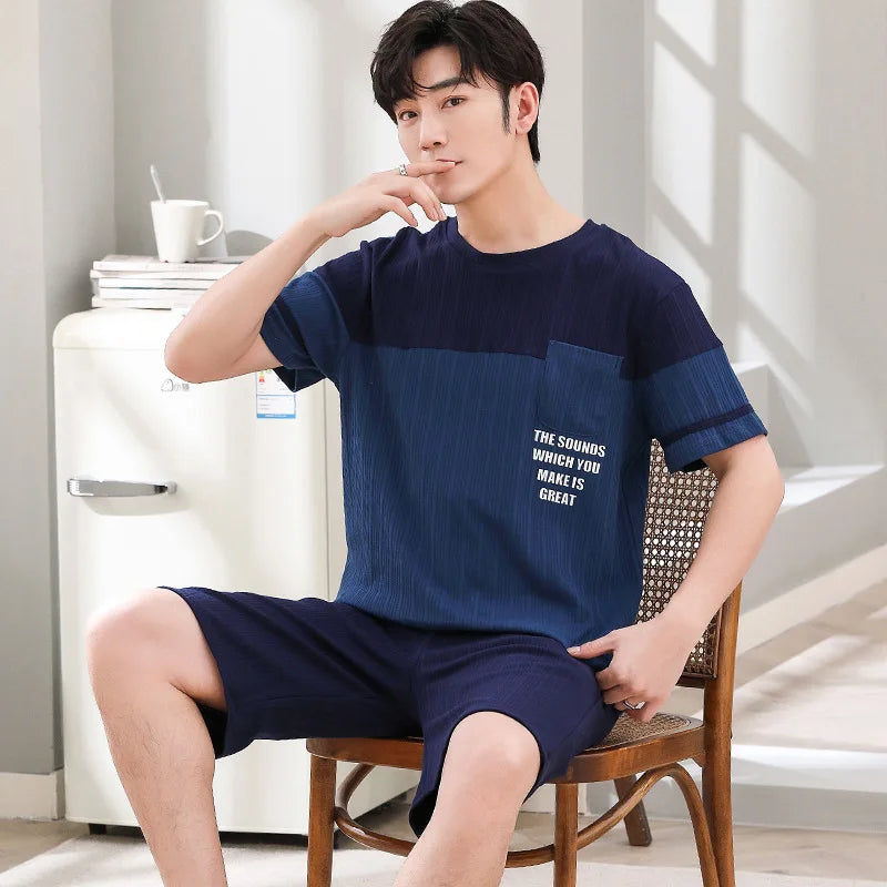 Cotton Pajamas Men Autumn and Winter Short Sleeve Shorts Loose Teen Cartoon Casual Loungewear Set Large Size Short Sleepwear