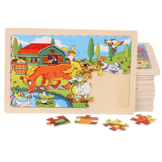 New 24 Pieces Wooden Puzzles Cartoon Animal Wood Jigsaw Learning Toys for GIFT