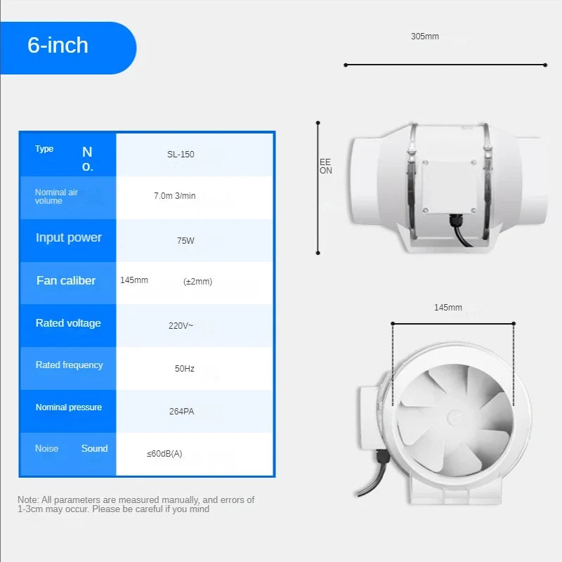 3/4/5/6Inch Industrial Exhaust Fan 220V Grow Silent Pipe Duct Bathroom Extractor Ventilation Kitchen Toilet Wall Air Ventilator