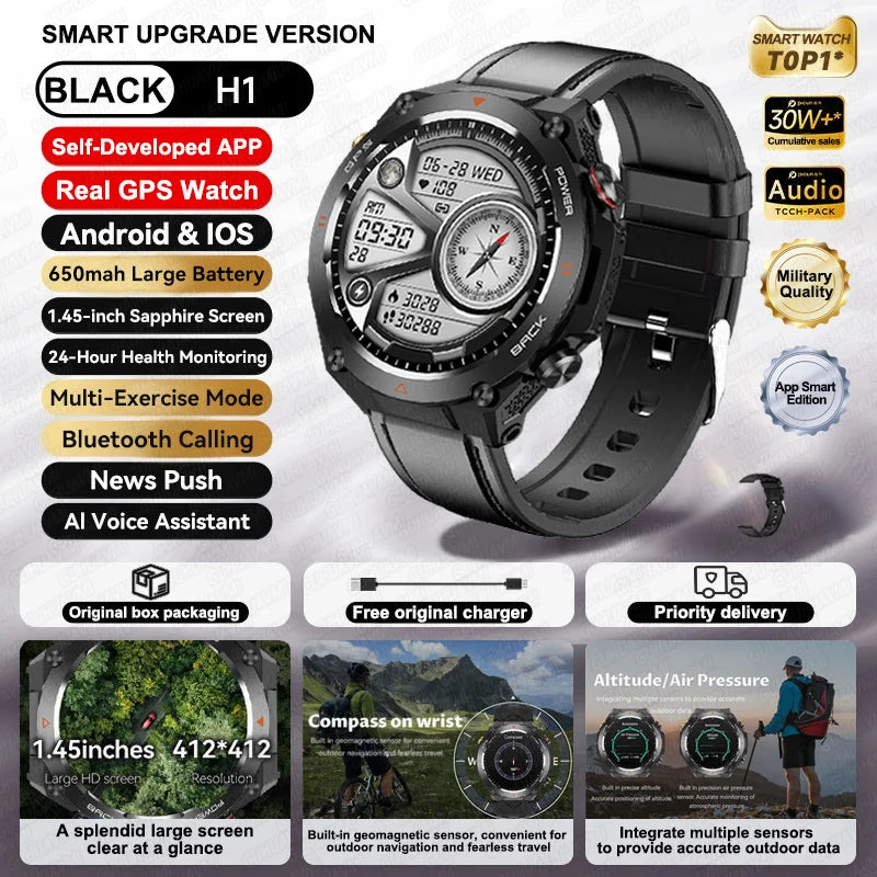 2025 GPS New Men Dual-band Positioning Smart Watch Men AMOLED Compass Waterproof 650mAh Battery Military Sport Watches New