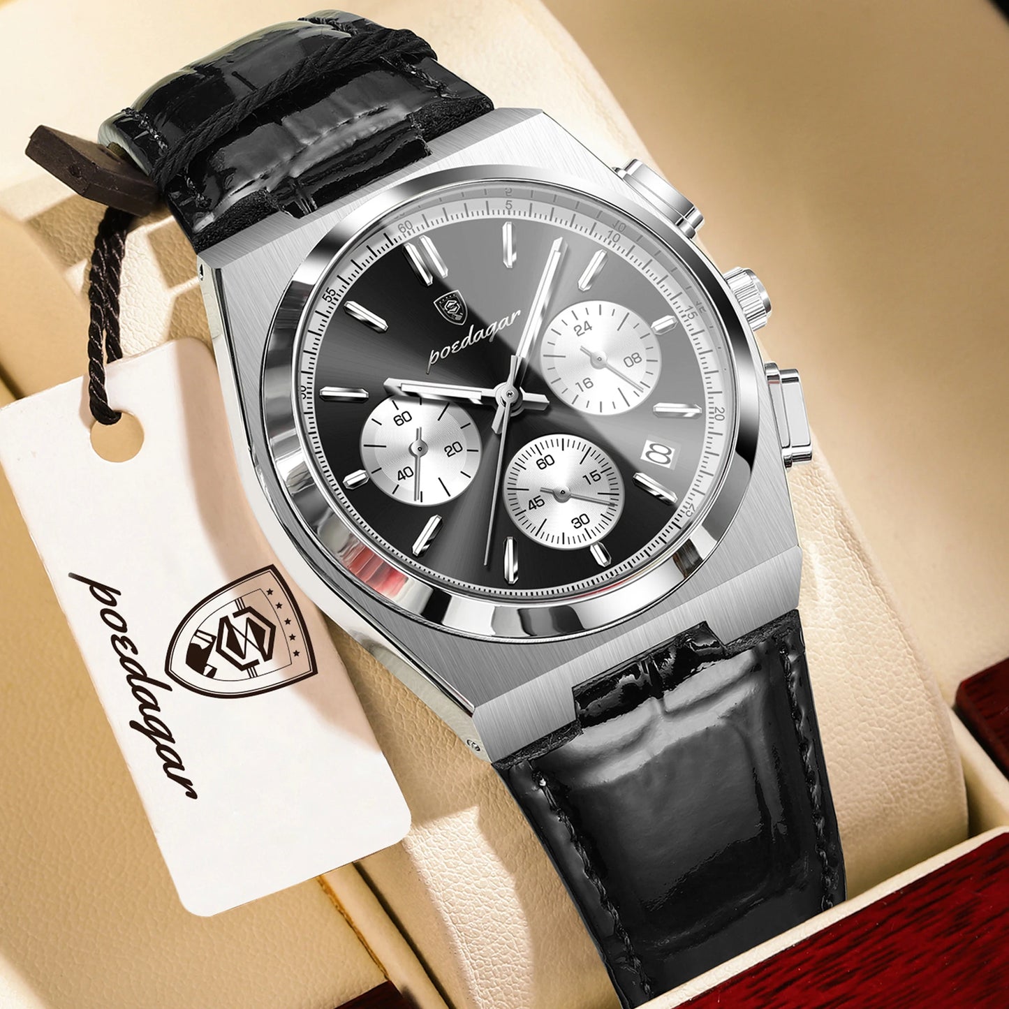 POEDAGAR Business Functional Male Watch Waterproof Luminous Chronograph Date Sports Men Wristwatch Leather Men's Quartz Watches