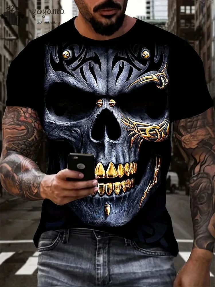 New Men's Horror Skull Print T-Shirt 3D O-Neck Short Sleeve Fashion Oversized T-Shirts Men's Summer Street Clothing
