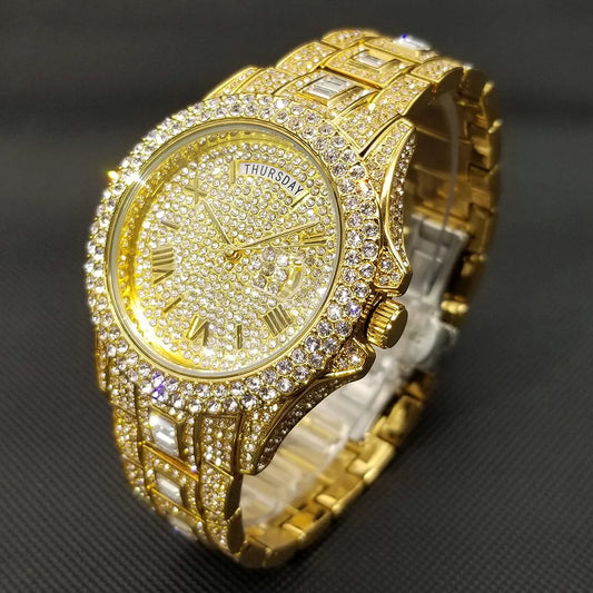 TikTok Hot Diamond Wristwatch For Men Luxury 18K Gold Plated Quartz Watches Day Date Nightclub Party Watch Unisex Rapper Jewelry