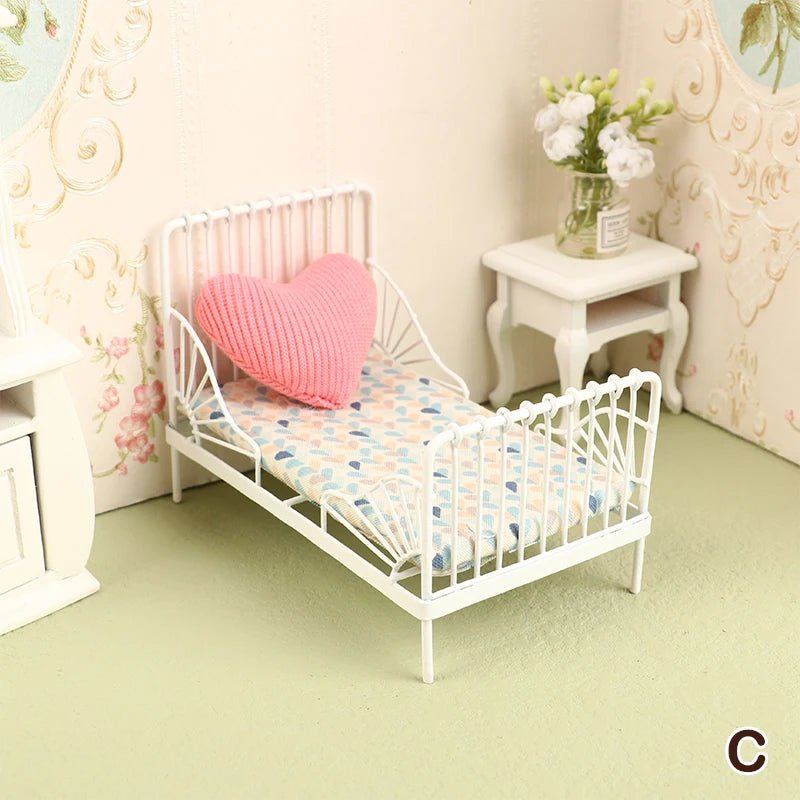 1:12 miniature bed for dolls Dollhouse Iron doll bed Furniture toy children simulation house role play toys collection gifts