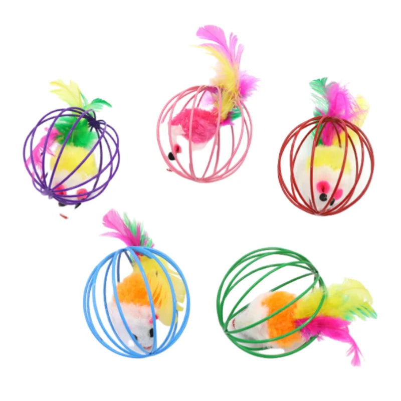 1Pcs Cat Toys Colorful Feathers Colorful Plush Mouse Ball Cage Cat Fun Creative Interactive Toys Pet Supplies Random Colors