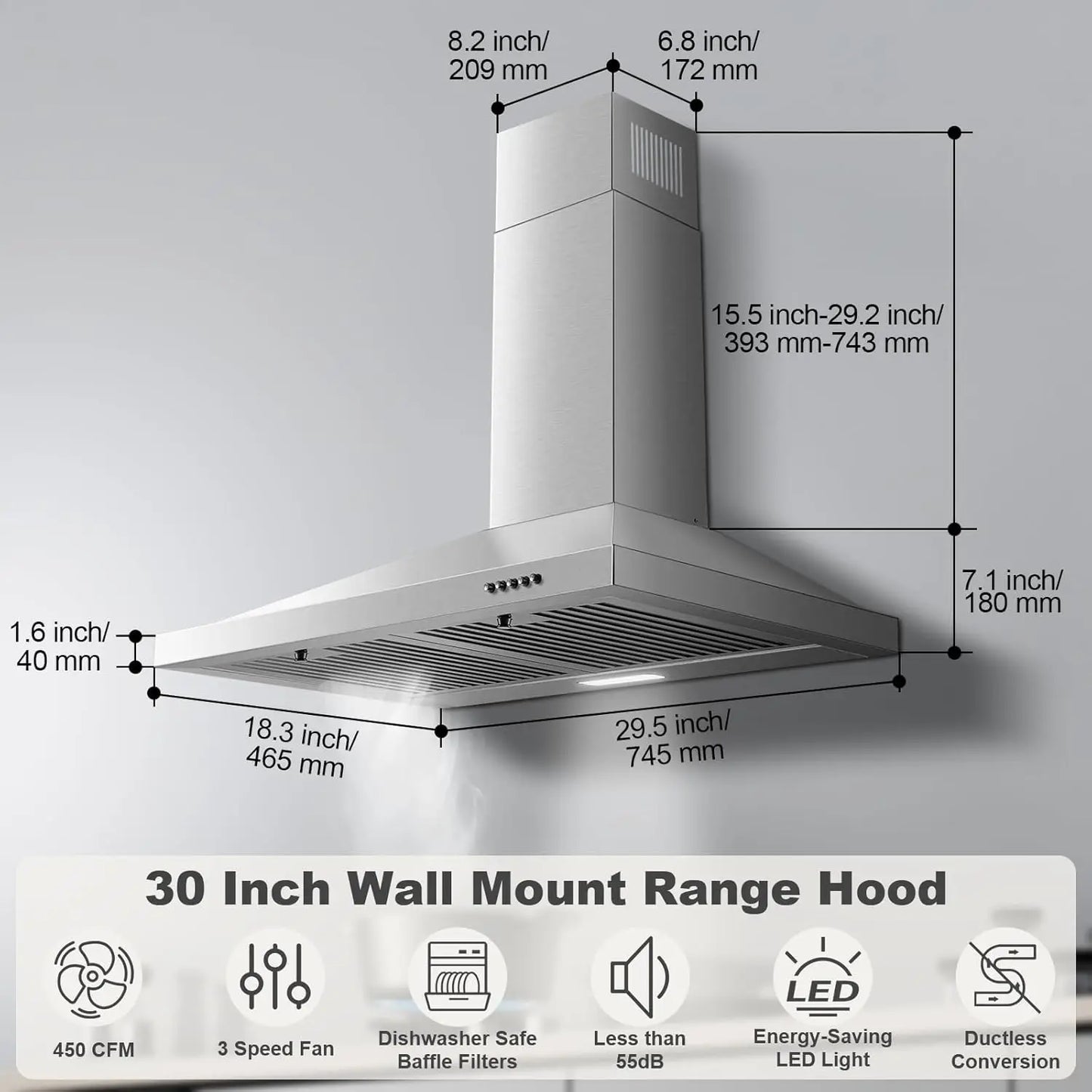 30-inch Wall Mount 450CFM - Stainless Steel Kitchen Vent Hood, Ultra Quiet 55dB, Ducted/Ductless Convertible, 3-Speed Range Hood