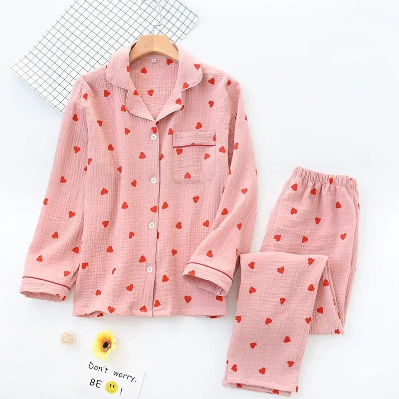Smal Heart Printing Pink White Colors Women Trousers Pajama Set Cotton Sleepwear Clothes for Spring and Autumn Home Clothing