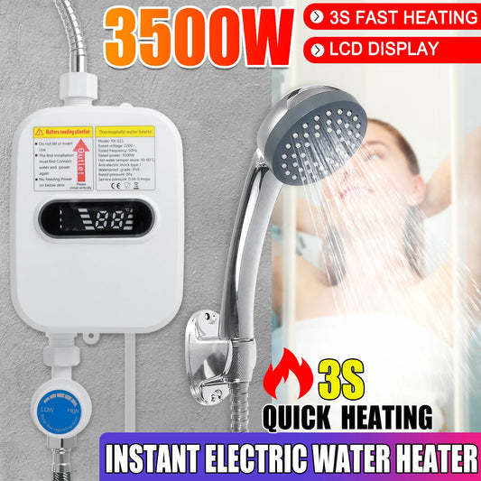 3S Instant Water Heater Shower 3500W 110V 220V Heating Bathroom Kitchen Tankless Electric Water Heater Temperature Display