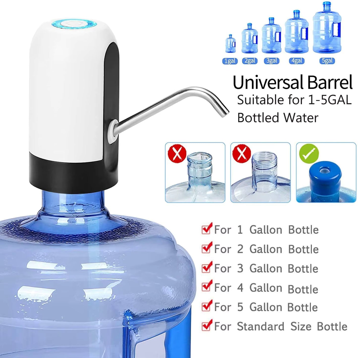 White/Black Water Bottle Pump USB Charging