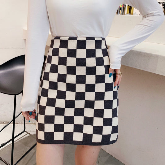 High-Waist Women's Plaid Knitted Skirt