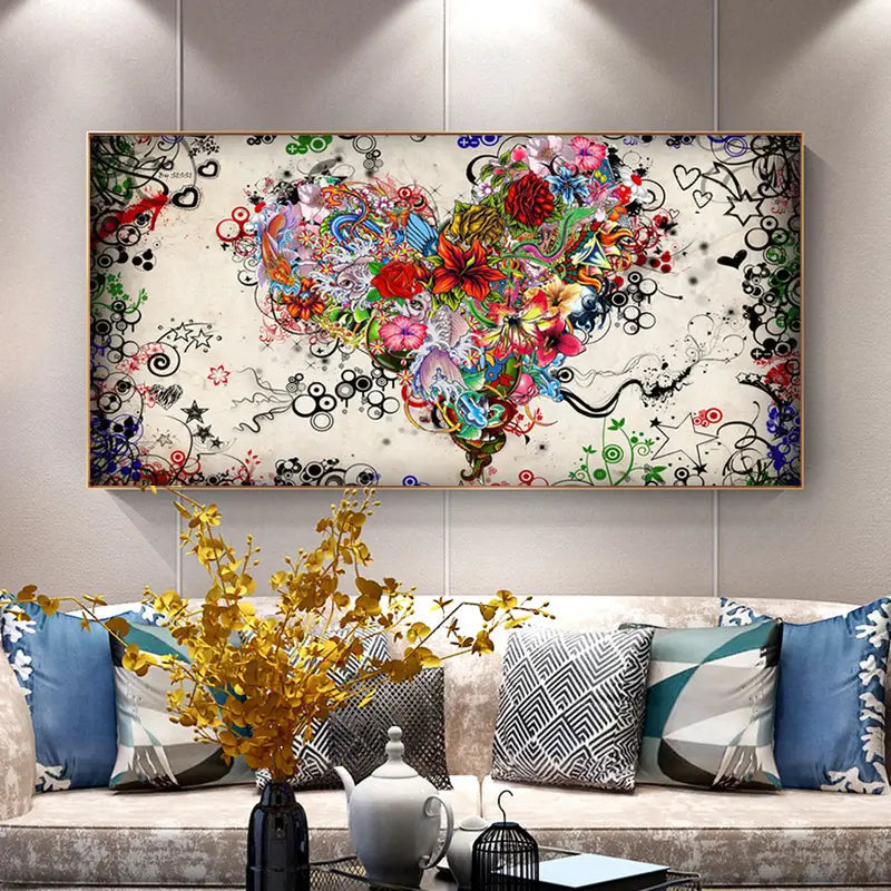 Colorful Heart Flowers Canvas Print Wall Art (No Frame)