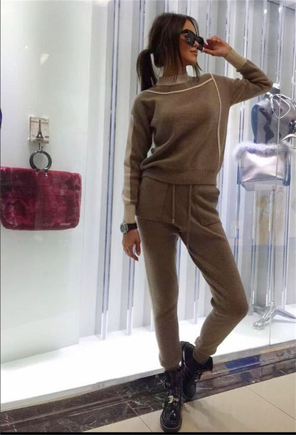 Fashion Color Block Knitted Women's Casual Set
