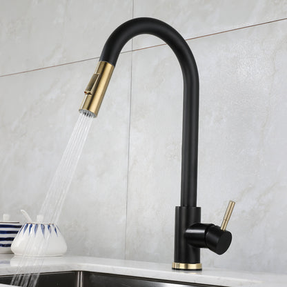 Retractable Gold and Black Kitchen Faucet with Swivel