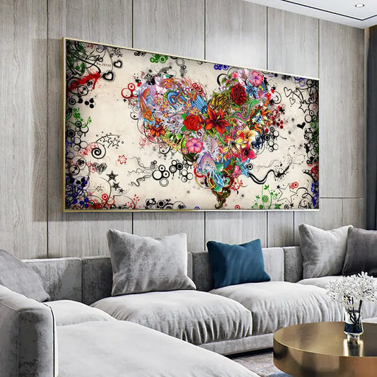 Colorful Heart Flowers Canvas Print Wall Art (No Frame)