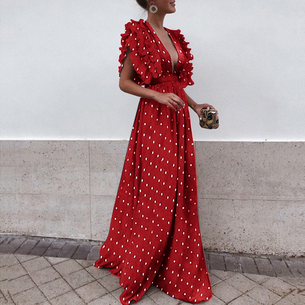 Women's Polka-Dot V-Neck Backless Long Dress
