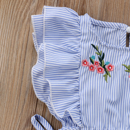 Toddler Girls Flower Stripe Ruffle Romper Jumpsuit