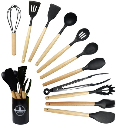Silicone Kitchen Utensil Set with Wooden Handles (11 Pcs)