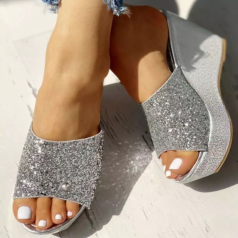 Women's Summer Sequined Fish Mouth Flat Wedge Sandals