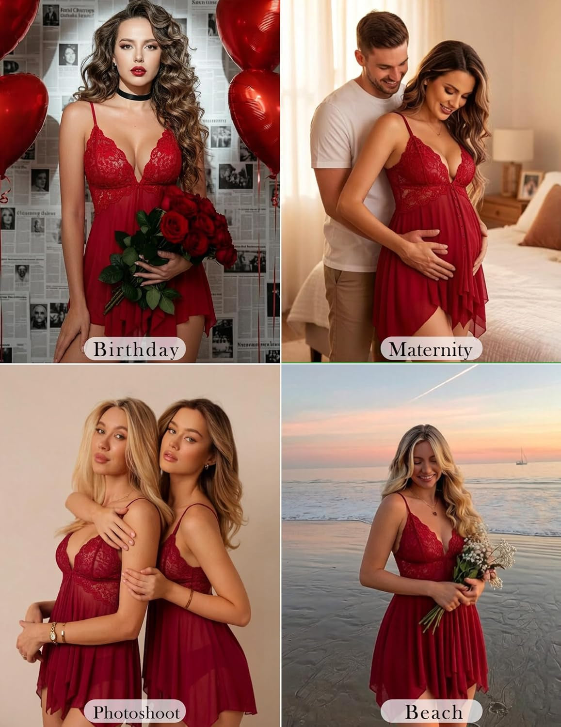 Women Lace Lingerie Front Closure Babydoll V Neck Nightwear Sexy Chemise Nightie