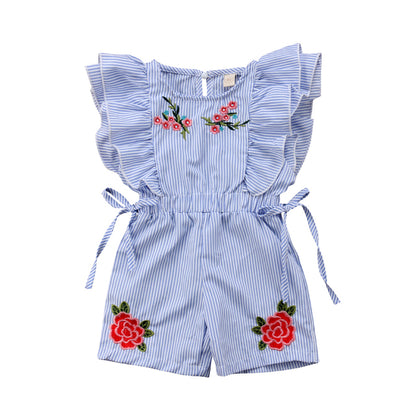 Toddler Girls Flower Stripe Ruffle Romper Jumpsuit
