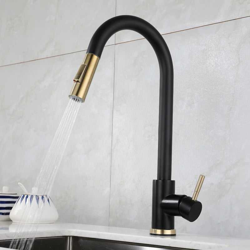 Retractable Gold and Black Kitchen Faucet with Swivel