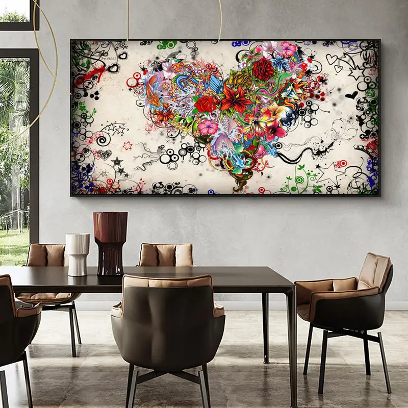 Colorful Heart Flowers Canvas Print Wall Art (No Frame)