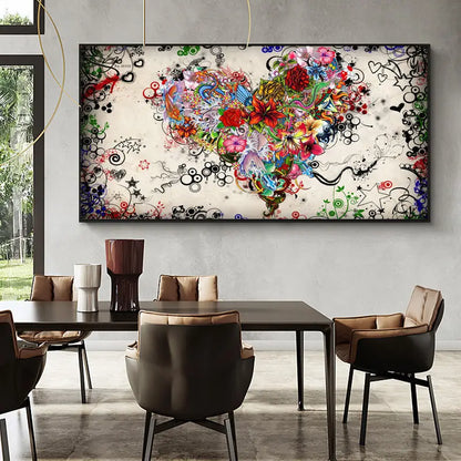 Colorful Heart Flowers Canvas Print Wall Art (No Frame)