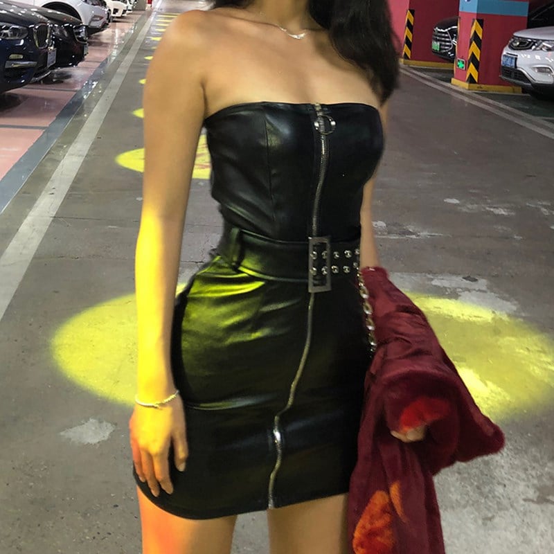 Women's Autumn A-Line Shoulder PU Dress