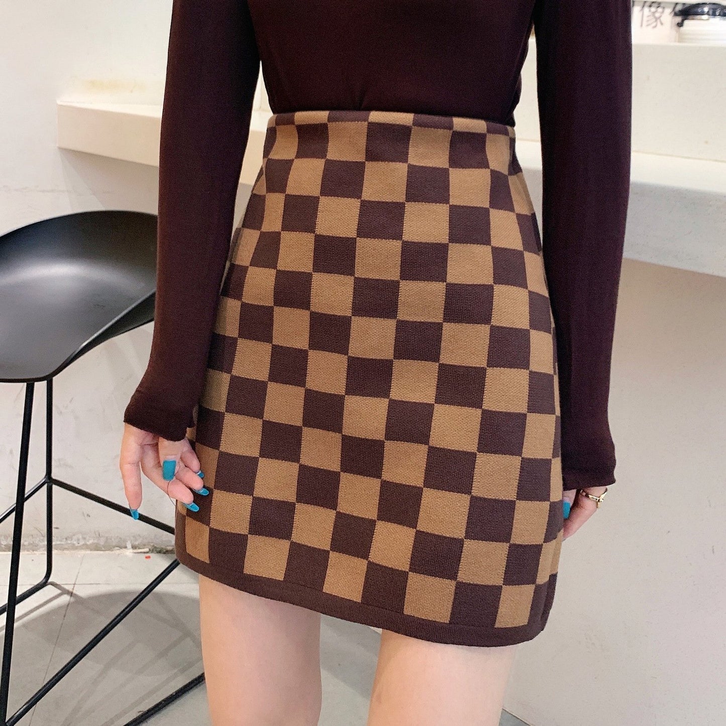 High-Waist Women's Plaid Knitted Skirt