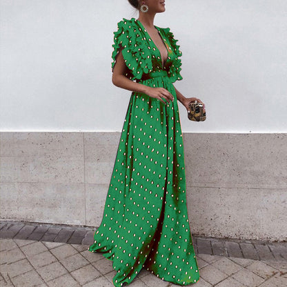 Women's Polka-Dot V-Neck Backless Long Dress