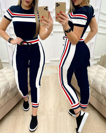 Colorblock Check Stripe Short Sleeve Top & Pants Set