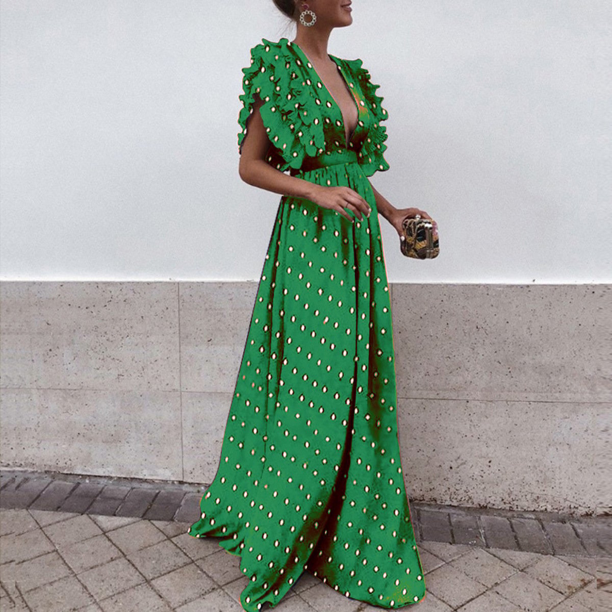 Women's Polka-Dot V-Neck Backless Long Dress